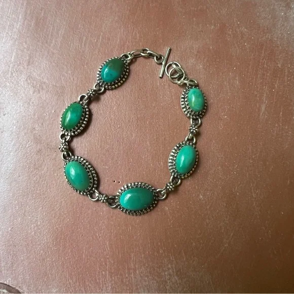 925 Sterling Silver Green Kingman Turquoise Toggle Bracelet 7.25” Southwest
